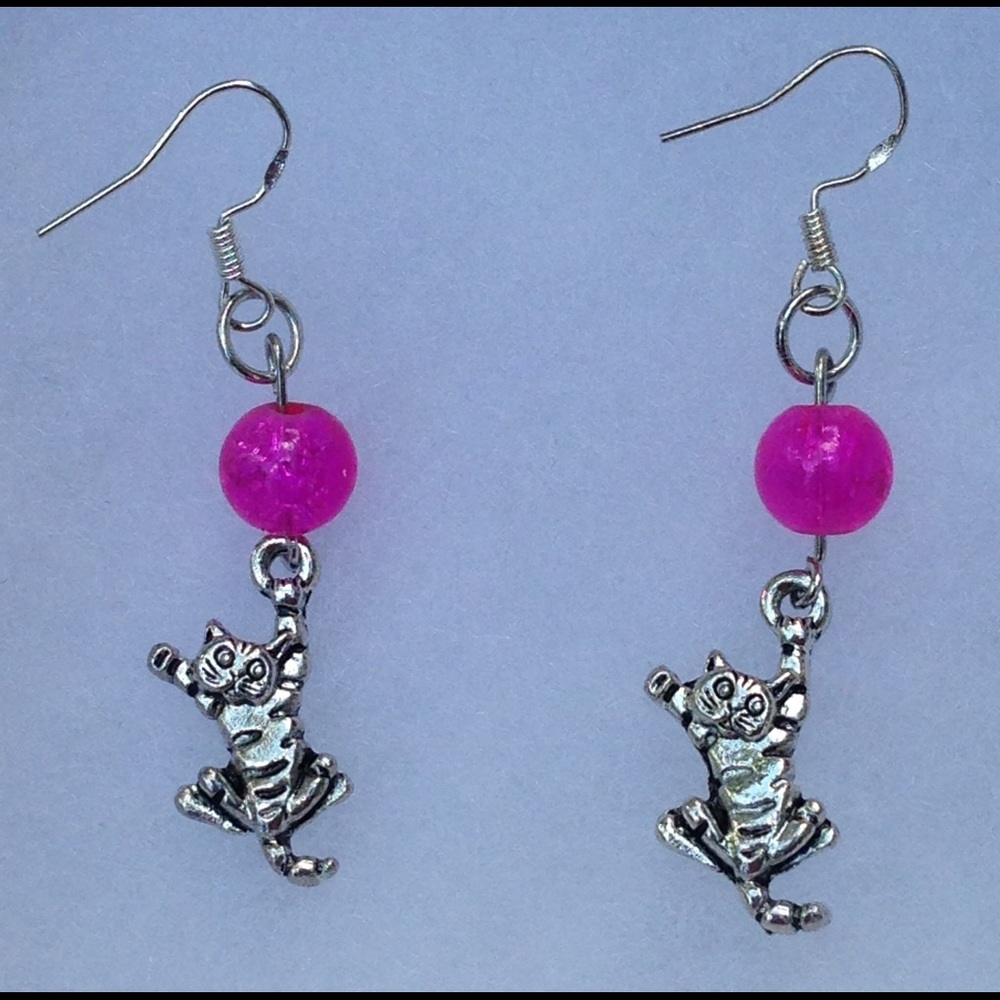 Pink Sparkly Glass Kitty Cat Earrings - Picture 5 of 6